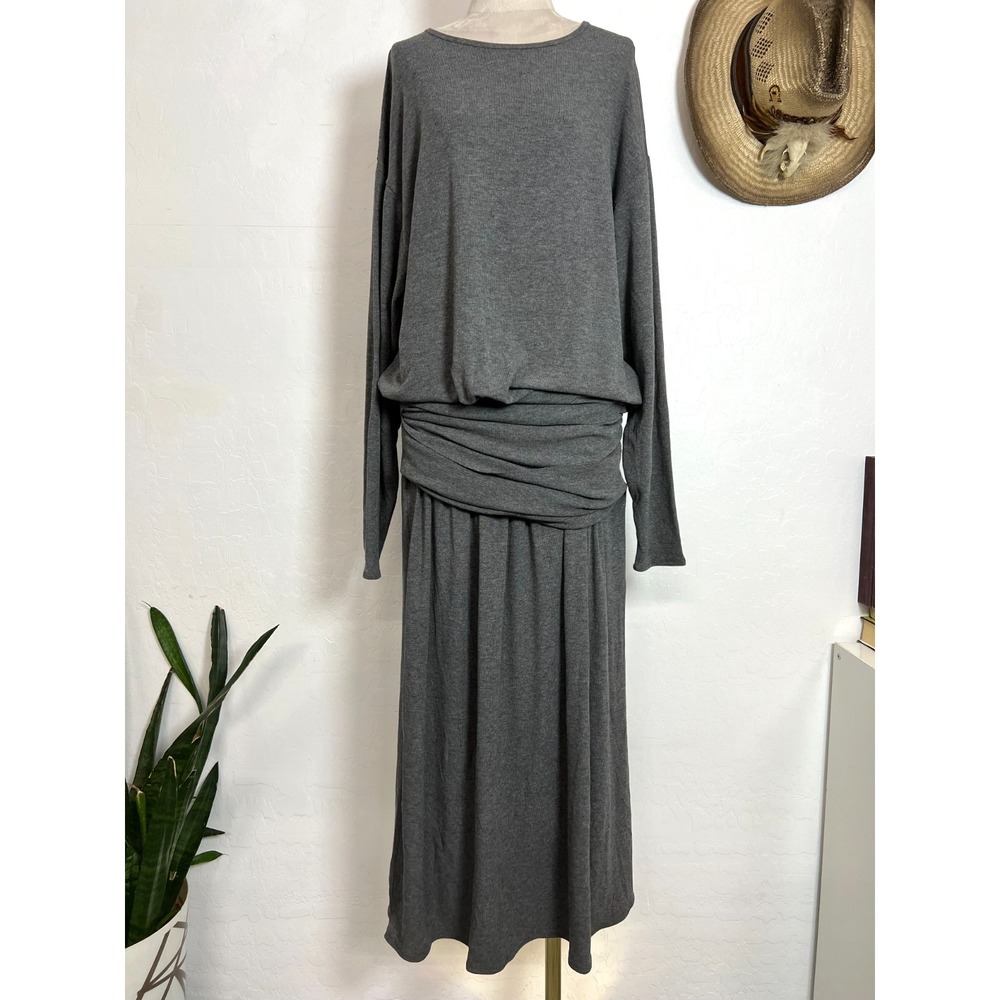 Zara Gray Ruched Waist Midi Dress Long Sleeve Sz M Knit Casual Drape Stretchy